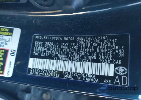 2017 Toyota Corolla Le z USA, uszkodzony, nr VIN 2T1BURHE1HC932291